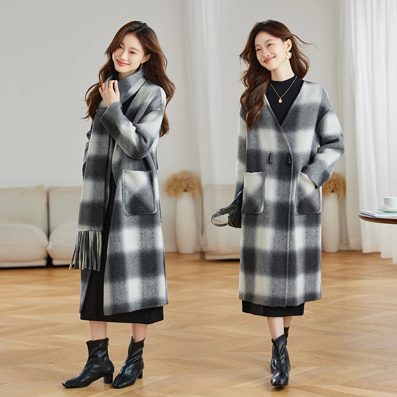 格子双面羊毛大衣女2025秋冬新款韩版气质宽松百搭中长款毛呢外套