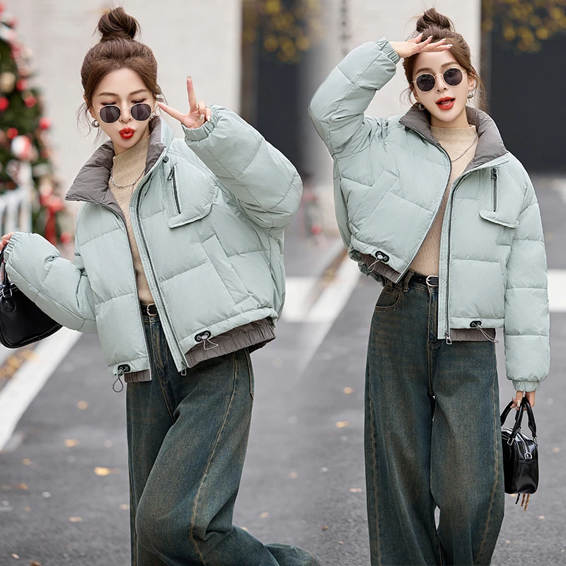 撞色立领羽绒服女2024冬季新款时尚休闲百搭小个子白鸭绒短款外套