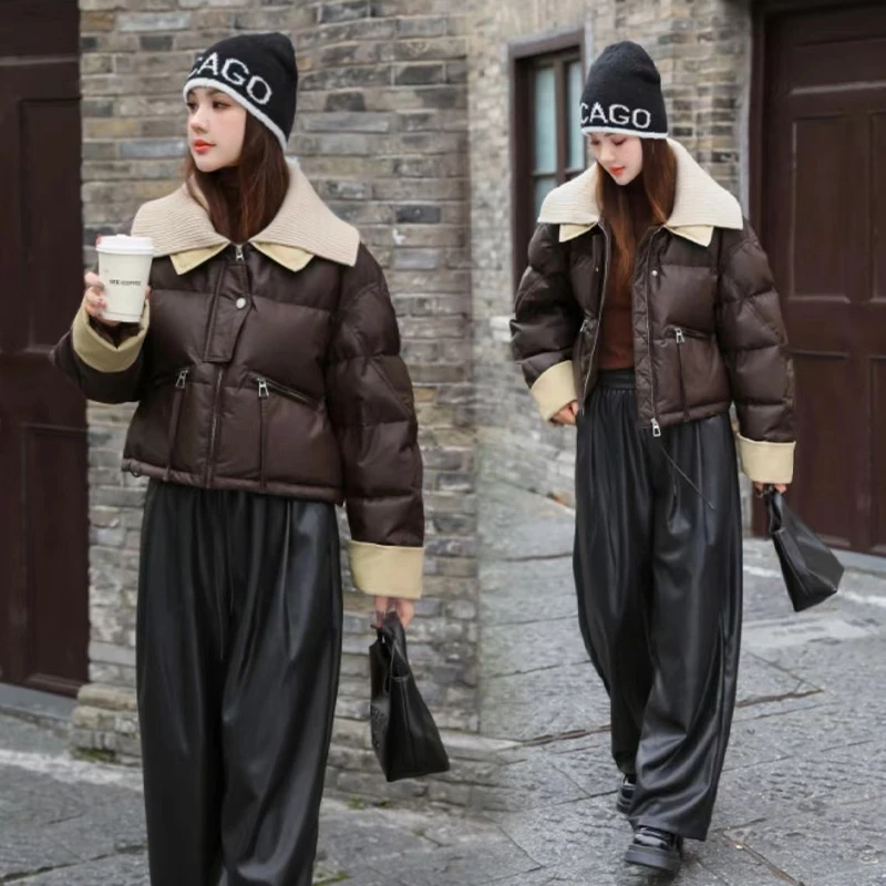 针织拼接羽绒服女2024年冬季新款洋气减龄小个子短款鹅绒保暖外套