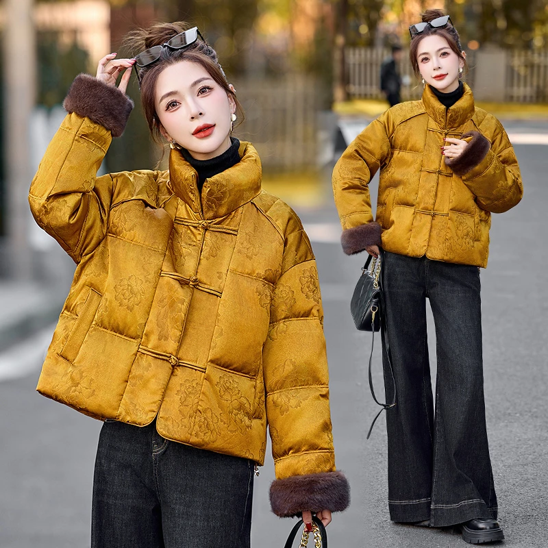 新中式国风复古提花羽绒服女2024年冬季新款高级感白鸭绒短款外套