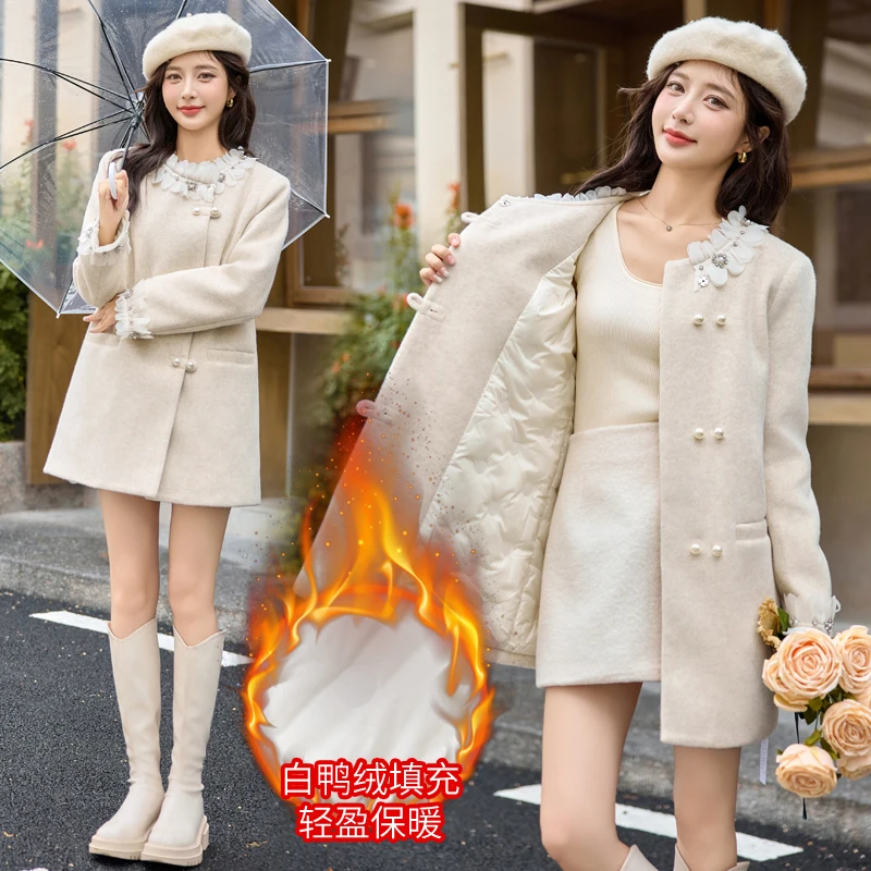 法式小香风毛呢外套女2024冬季新款甜美洋气减龄羽绒内胆呢子大衣