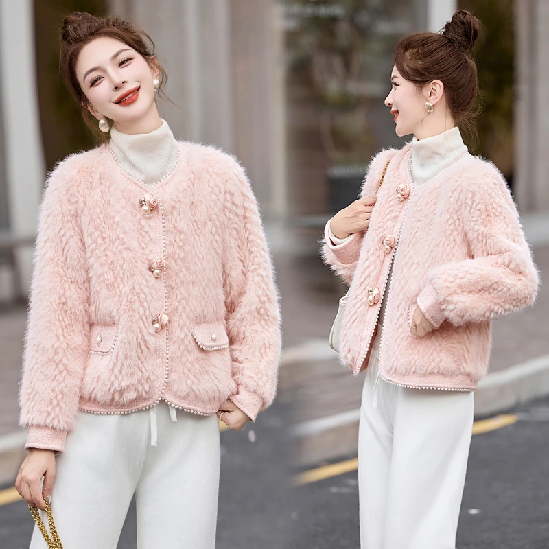 小香风皮毛一体拼接外套女2025年秋冬新款气质名媛风短款毛毛上衣