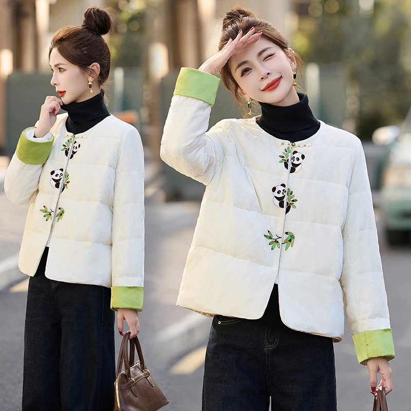 新中式国风印花羽绒服女2024冬季新款复古撞色拼接白鸭绒短款外套