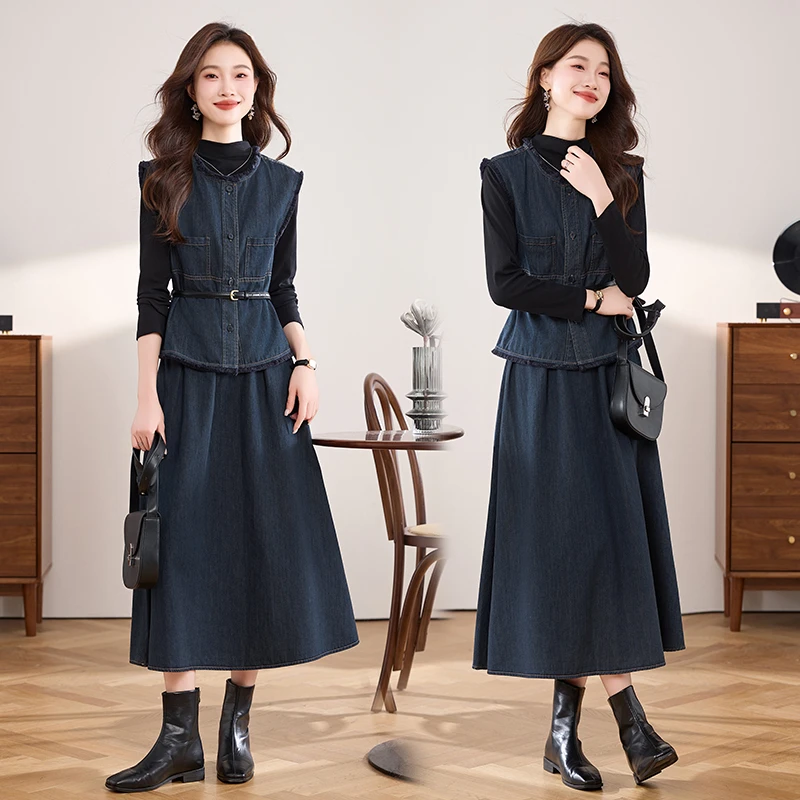 休闲时尚牛仔套装女2025春秋新款收腰显瘦打底衫马甲半身裙三件套