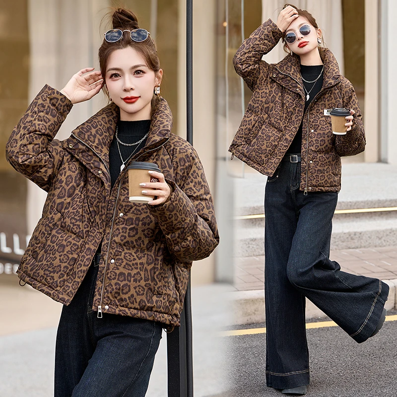 法式复古豹纹羽绒服女2025冬季新款时尚设计感立领白鸭绒短款外套