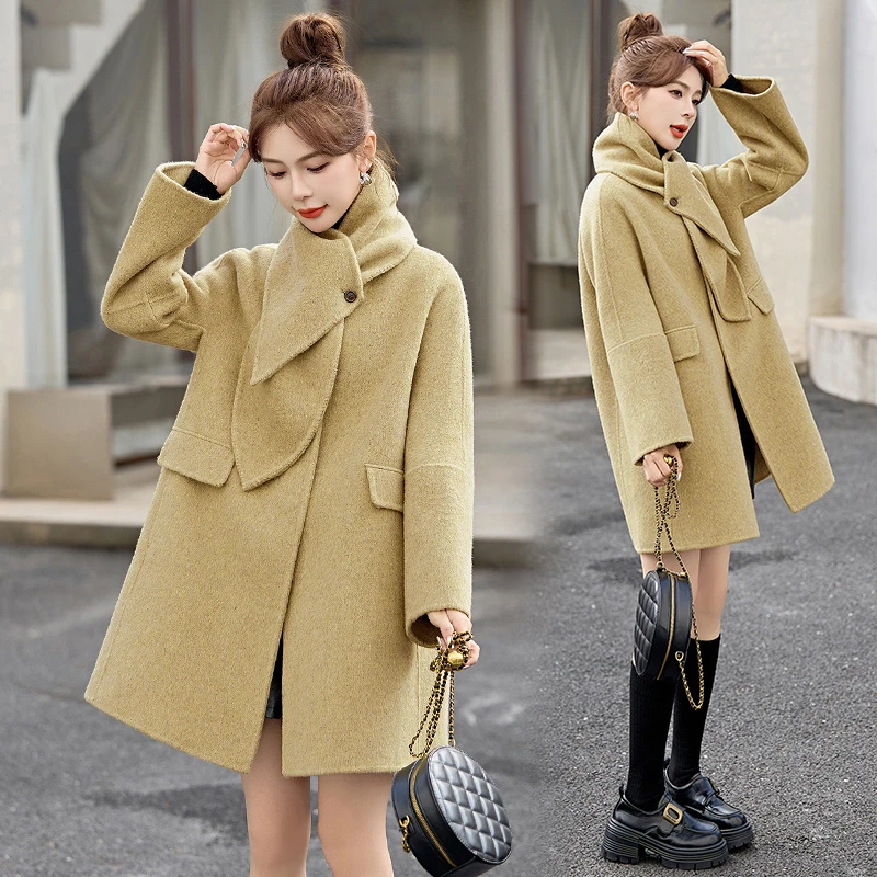 带围脖双面羊毛大衣女2024年秋冬新款韩系时尚百搭中长款毛呢外套
