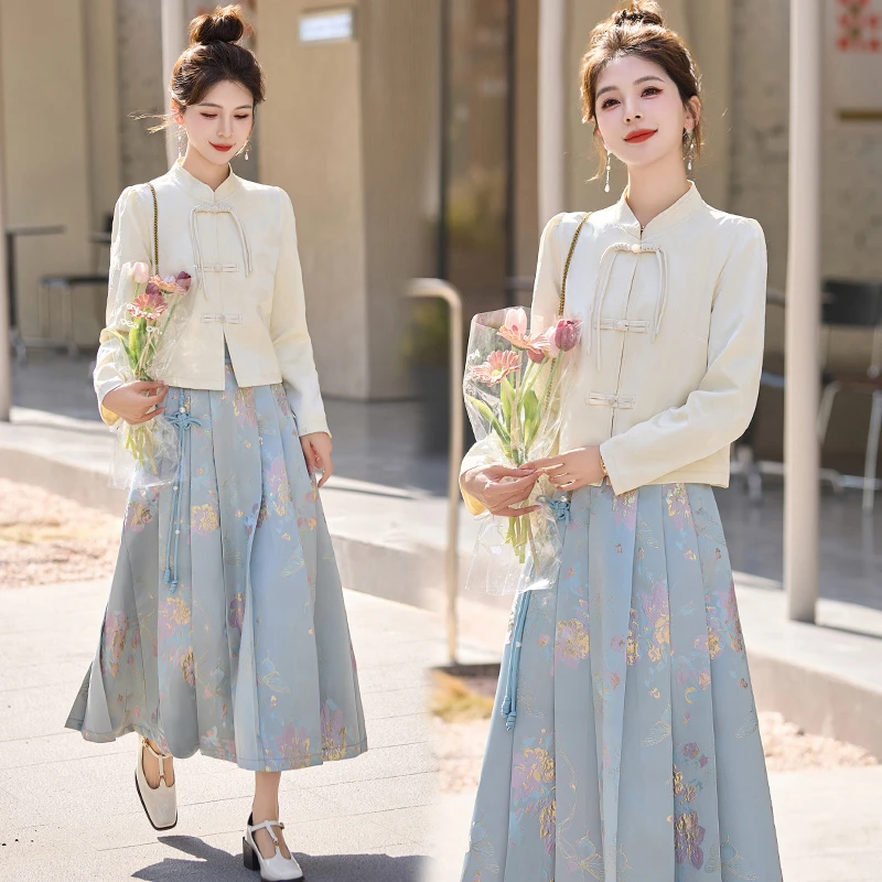 新中式国风马面裙套装女2025春季新款高级感气质盘扣半身裙两件套