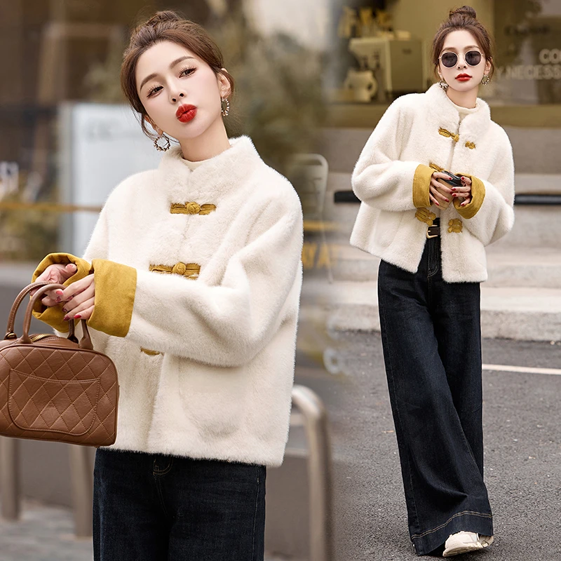 新中式皮毛一体外套女2024冬季新款复古盘扣仿水貂毛保暖短款上衣