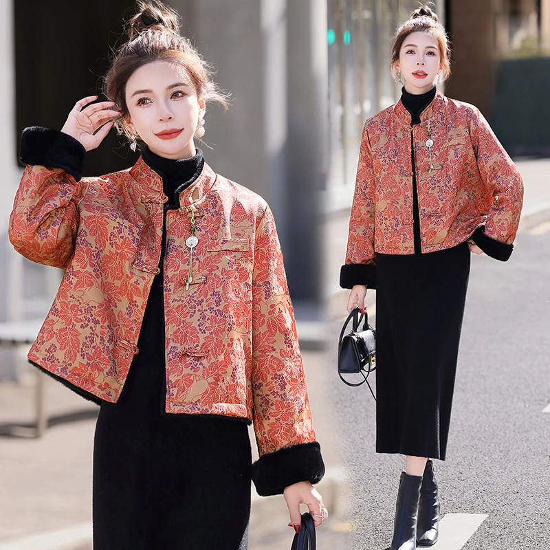 新中式国风印花羽绒服女2025冬季新款复古盘扣白鸭绒保暖短款外套