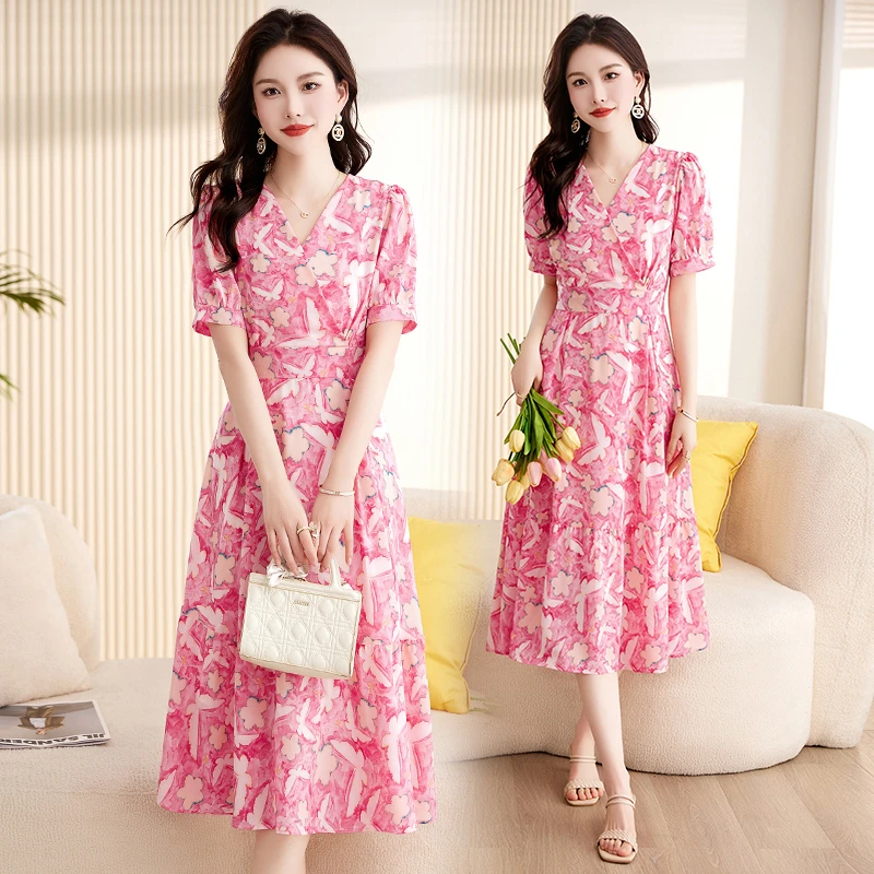 法式雪纺碎花连衣裙女2025夏季新款高级感气质收腰显瘦中长款裙子