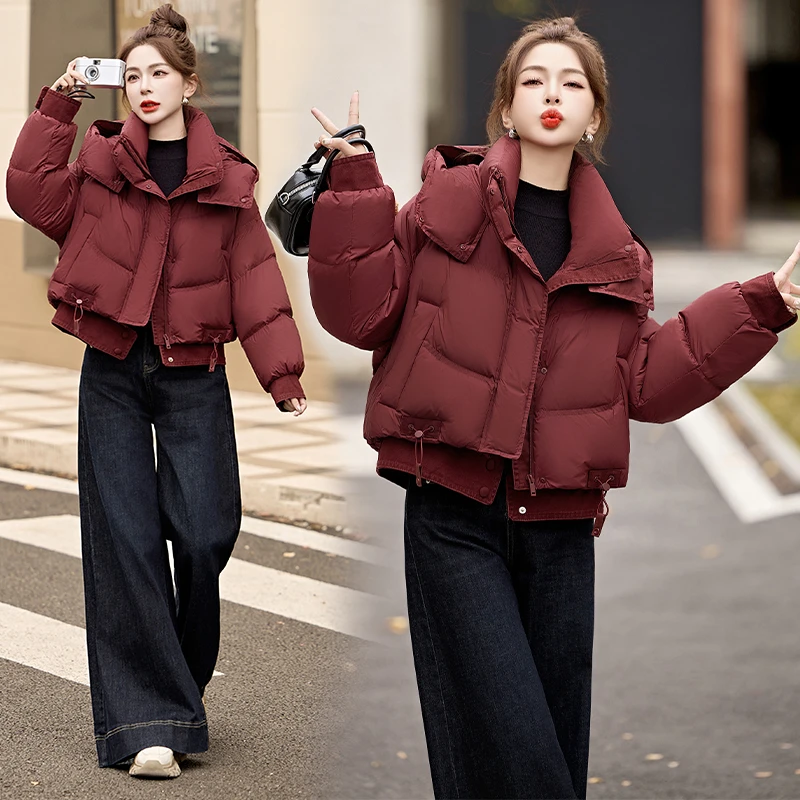 牛仔拼接假两件羽绒服女2024冬季新款韩版宽松百搭白鸭绒短款外套