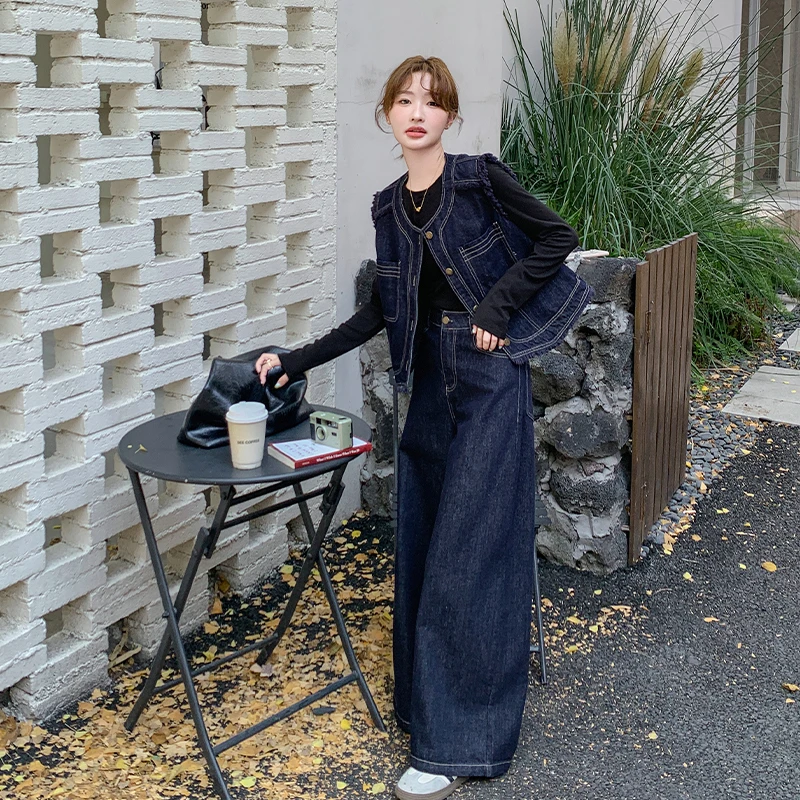 休闲时尚复古牛仔套装女2024年秋季新款减龄毛边马甲阔腿裤三件套