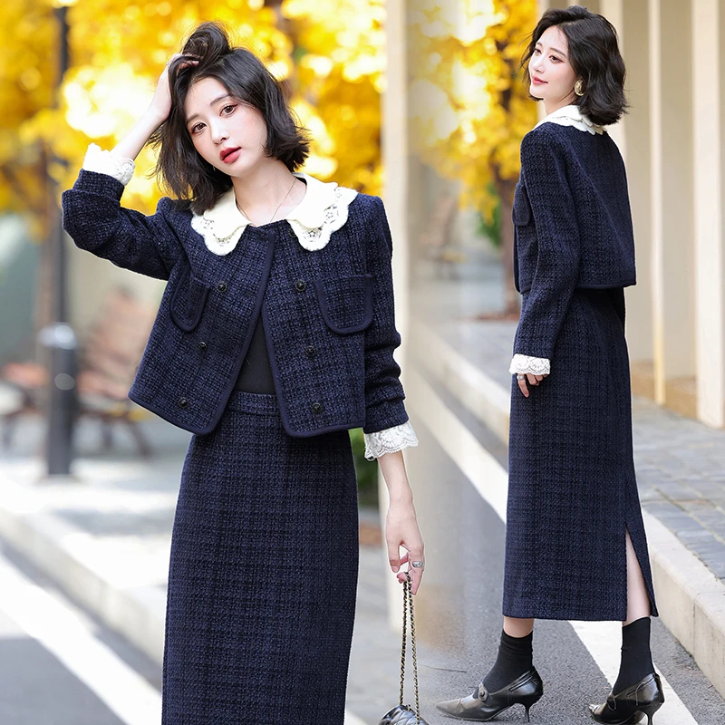 小香风娃娃领拼接毛呢套装女2025春秋新款高级感气质半身裙两件套