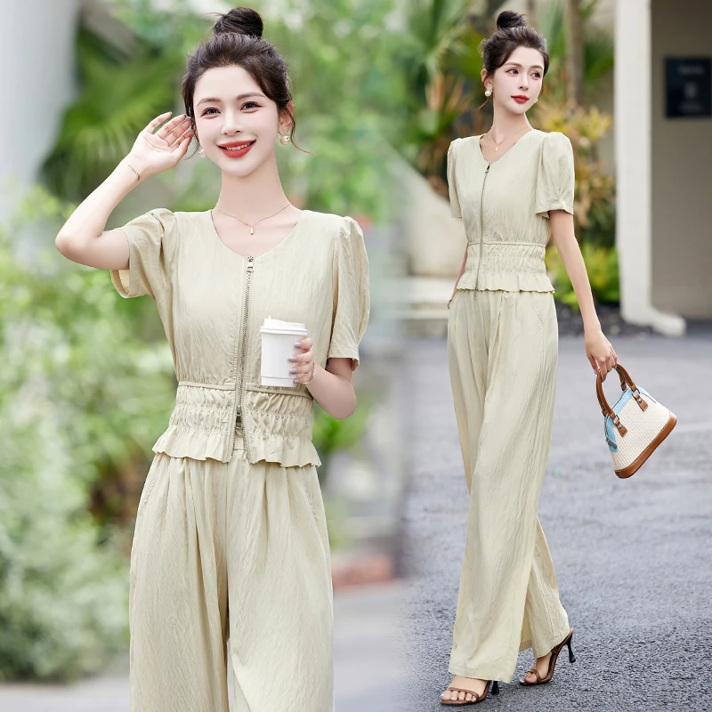 休闲时尚套装女2024夏季新款气质女神范洋气减龄高腰阔腿裤两件套