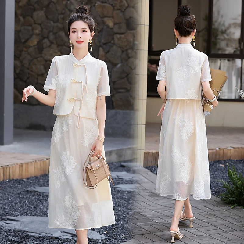 新中式国风套装女2024年夏季新款轻奢高级感气质盘扣半身裙两件套