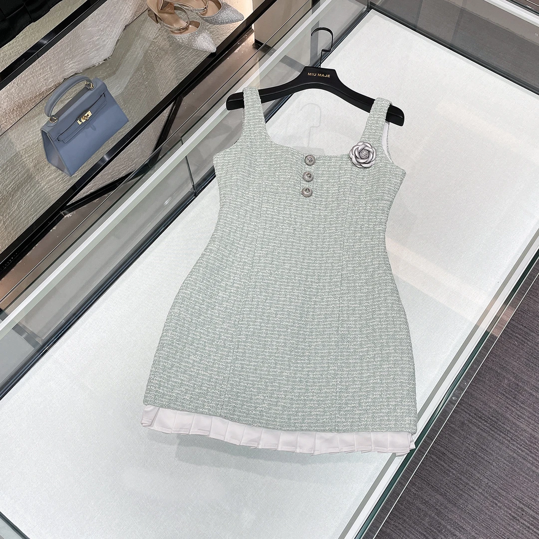 小香风吊带连衣裙女设计感格子百褶拼接修身显瘦包臀短裙DY3529