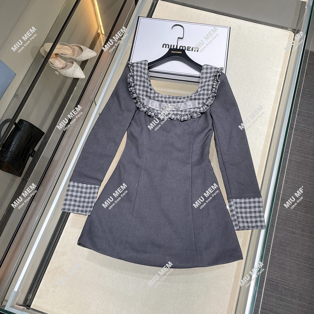 MIUMAJE【灰色信信子】秋冬贵气千金风拼接长袖韩版连衣裙女DY5043