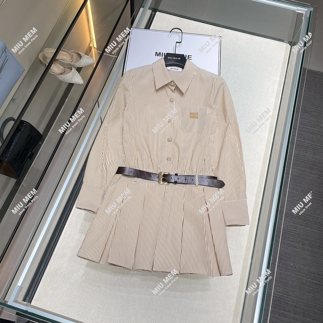 MIUMEM学院风条纹长袖衬衫连衣裙女早秋新款时尚收腰显瘦DY4612