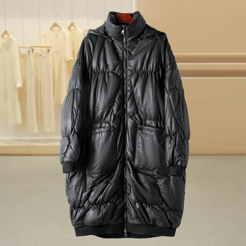 “可盐可甜”冬季新款真皮头层绵羊皮长款双面穿白鹅绒服女