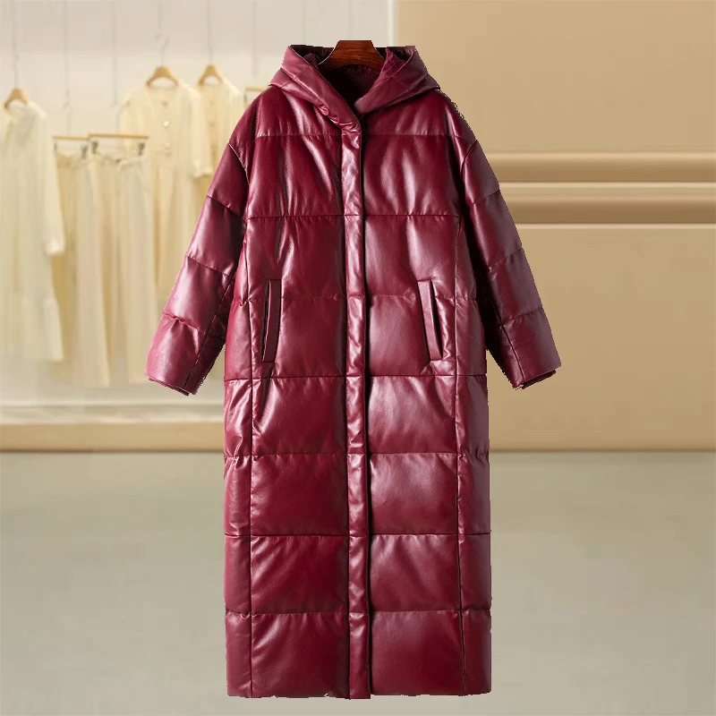 1.3米超长款女士真皮头层绵羊皮连帽加厚保暖白鹅绒服