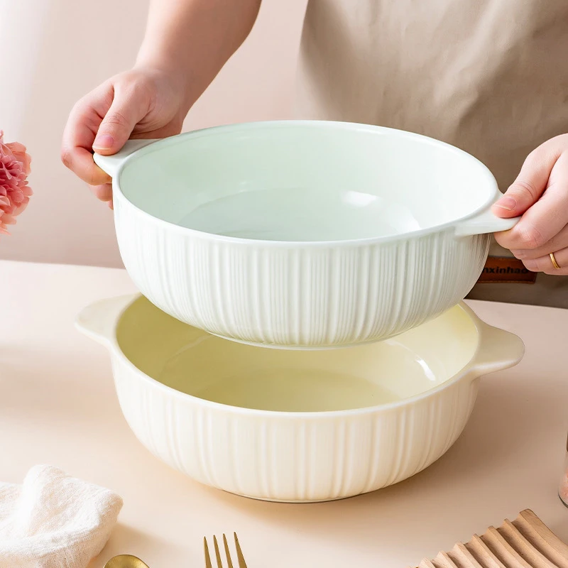 【奶白+奶绿】10.5英寸双耳大汤碗陶瓷碗盆防烫汤盆2只