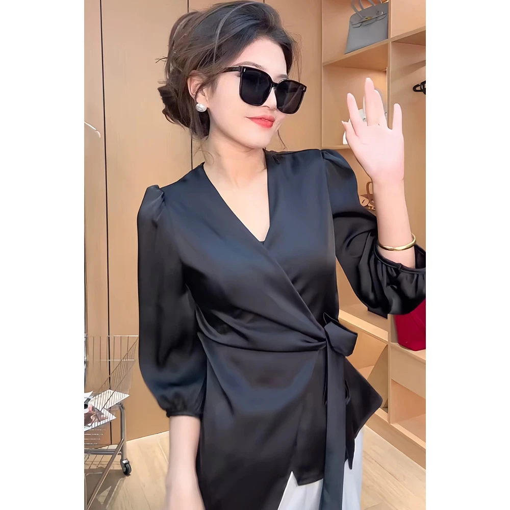 欧货V领绑带不规则泡泡袖衬衫女2024春夏新款修身显瘦纯欲上衣潮