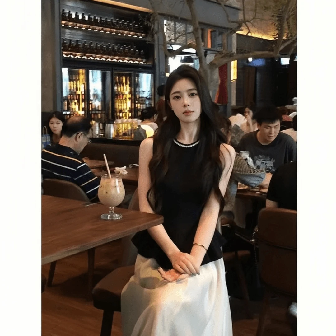 蔷薇日记夏季气质小众设计感钉珠小衫无袖上衣+大摆半身裙套装女