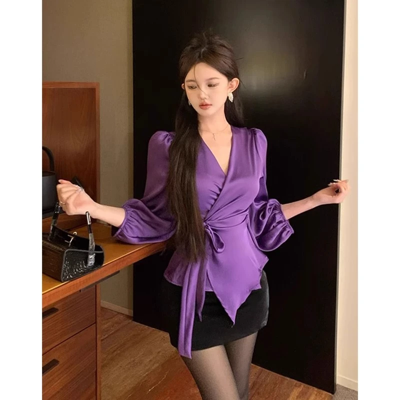 紫色醋酸缎面V领衬衫女高级感时尚洋气交叉绑带衬衣成熟御姐上衣
