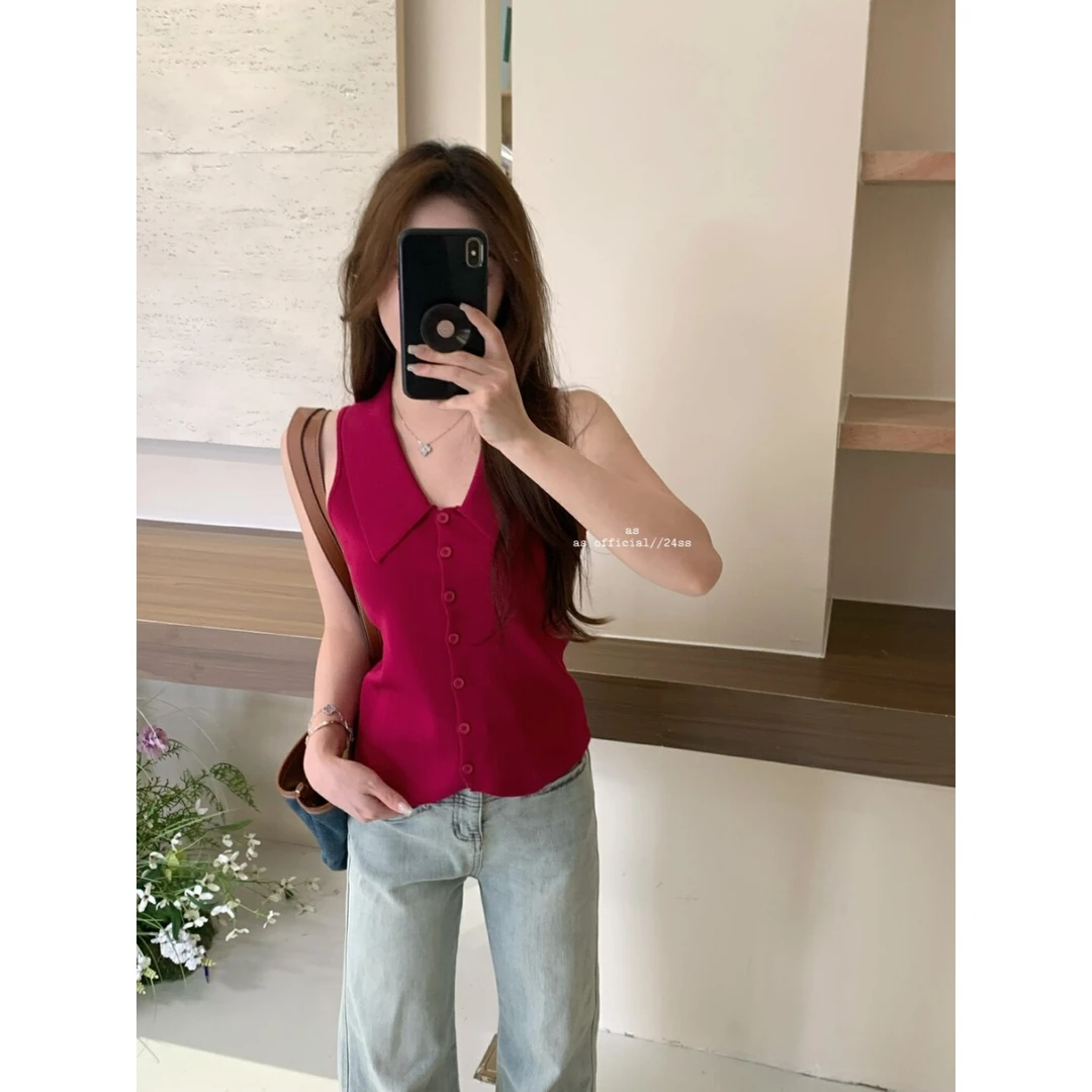 气质Polo领修身单排扣无袖背心女夏季显瘦收腰小衫高级感红色上衣