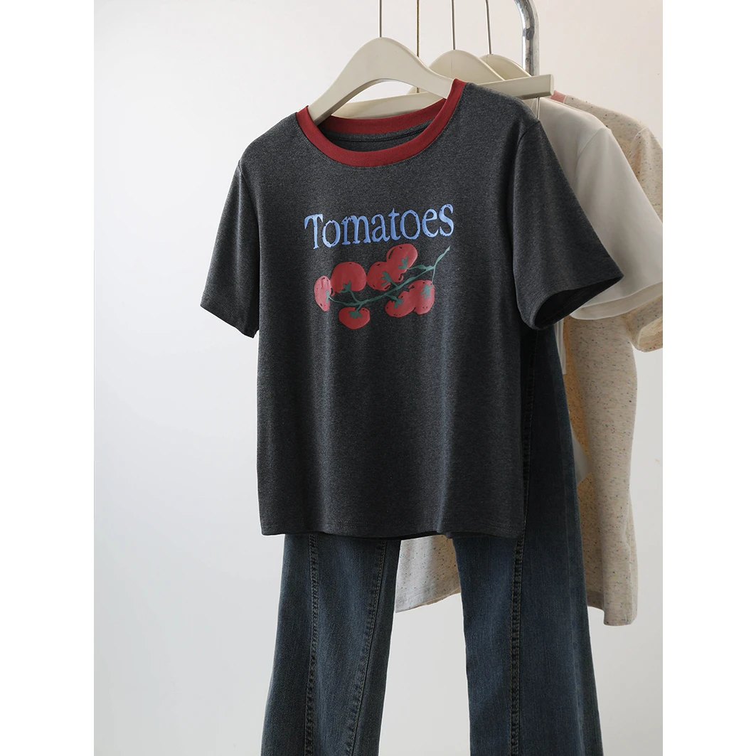 2024夏季新款韩版宽松拼色圆领印花减龄通勤休闲百搭套头短袖T恤