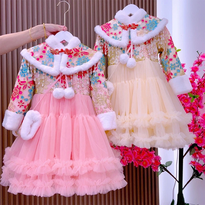 005女童唐装拜年服加绒裙子儿童汉服中国风宝宝冬装礼服新年装