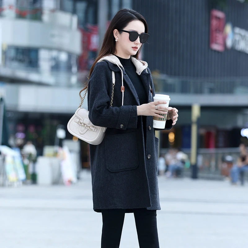 双面羊毛大衣女款2024新款秋冬中长款毛呢炭灰外套