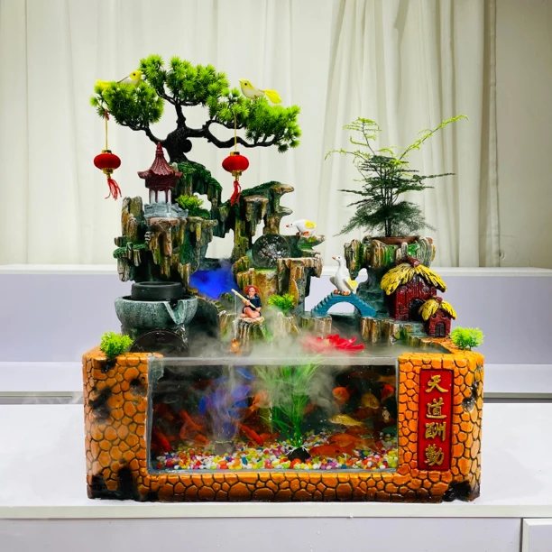 财源广进小中大假山鱼缸流水造景桌面摆件可养鱼客厅开业乔迁送礼