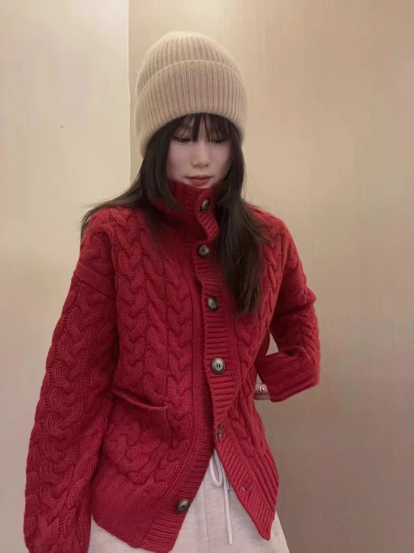 重工加厚五星100%纯山羊绒扭花开衫外套