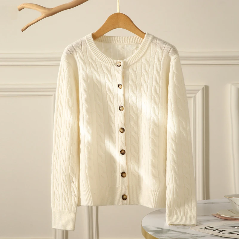 线下款新品100%山羊绒双股扭花圆领麻花毛衣外套