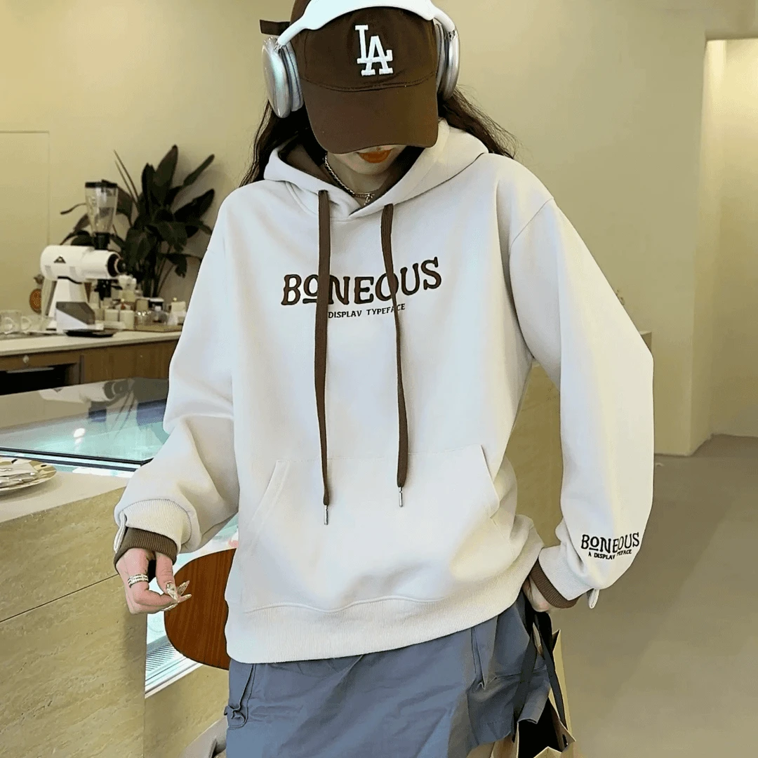 秋冬新款重工刺绣宽松字母BO撞色加绒卫衣女款爆款2024新款