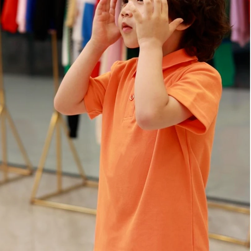 男童翻领T恤短裤夏季中大童polo衫短袖上衣儿童橙色小学生上衣