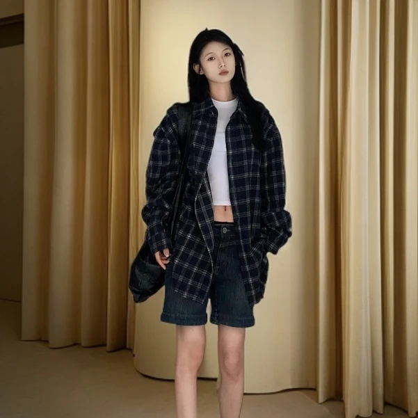 2024新款美式复古格子千鸟格衬衫情侣棉外套长袖防晒衬衣秋