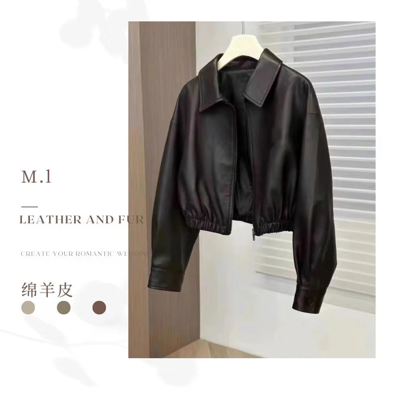ML新款时尚休闲简约风宽松显瘦真皮绵羊皮夹克外套