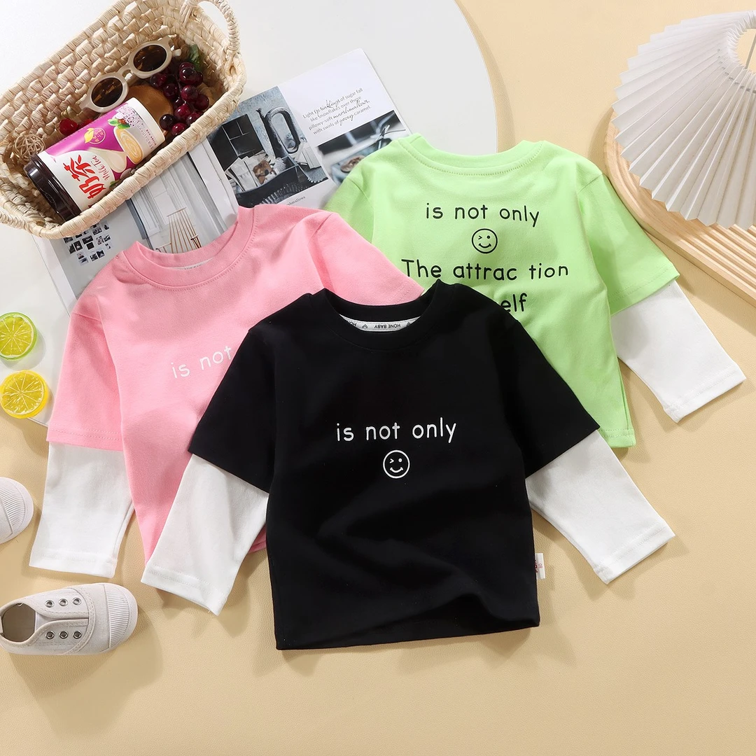 儿童纯棉假两件T恤宽松洋气帅气小童休闲百搭宝宝出街上衣