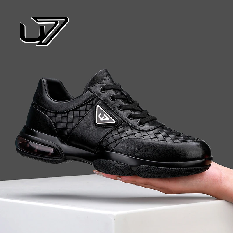 U7品牌男鞋2025新款高端编织气垫软弹低帮男士时尚透气牛皮休闲鞋