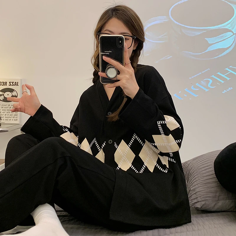 春秋季天新款开衫女生大码睡衣高级感休闲宽松家居服长袖长裤套装