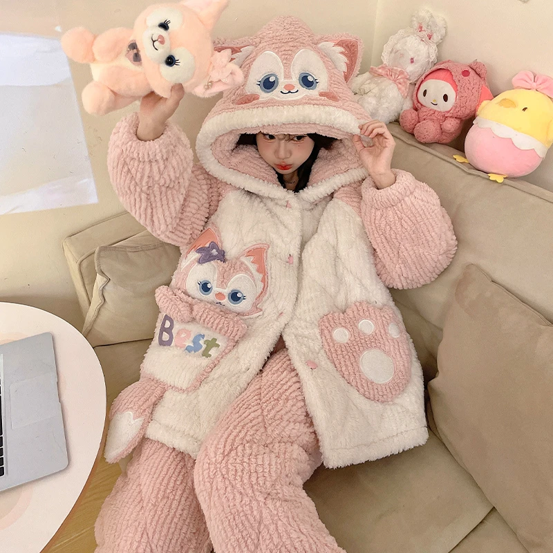 睡衣女冬加厚加绒法兰绒大码珊瑚绒三层夹棉2024新款家居服两件套