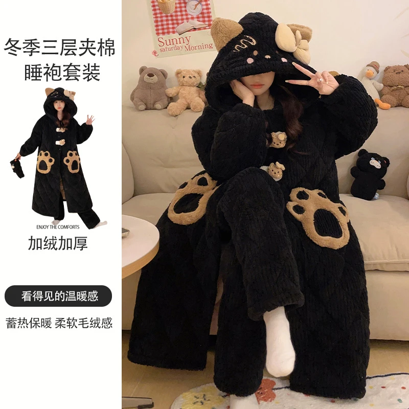 2024新款冬季加绒加厚三层夹棉法兰绒睡袍家居服套装珊瑚绒睡衣女