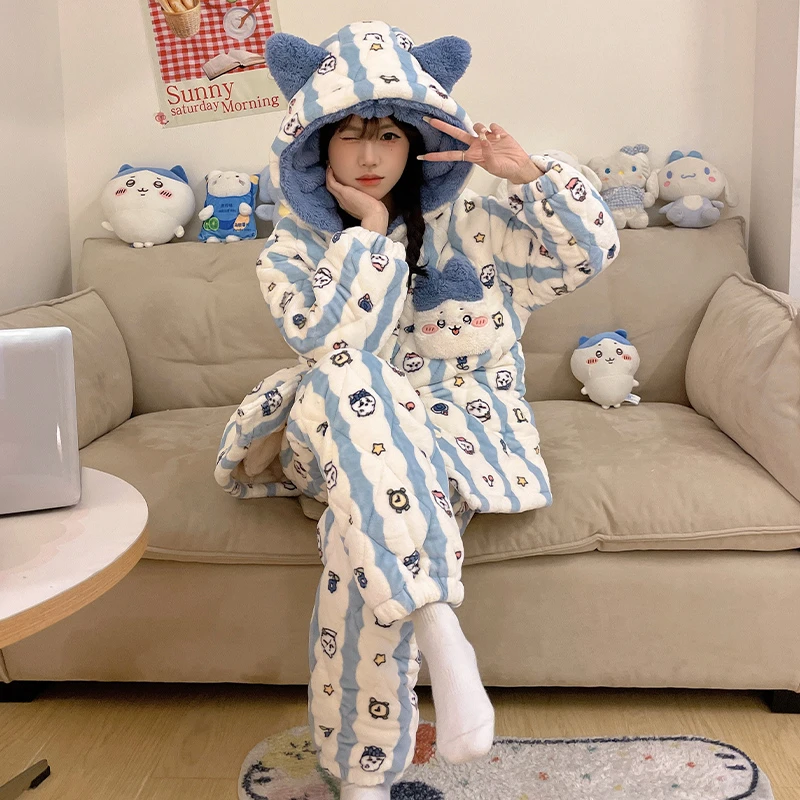 珊瑚绒睡衣女冬加厚加绒2024年新款法兰绒套装三层夹棉保暖家居服