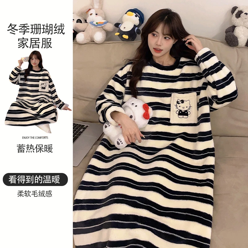 睡衣女秋冬高颜值2024新款珊瑚绒可外穿加厚加绒睡裙法兰绒家居服