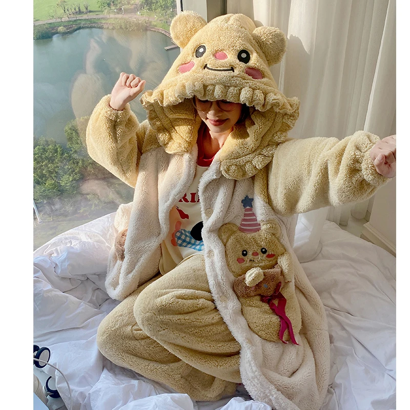 珊瑚绒睡袍女秋冬季套装2024年新款法兰绒加厚加绒保暖家居服睡衣