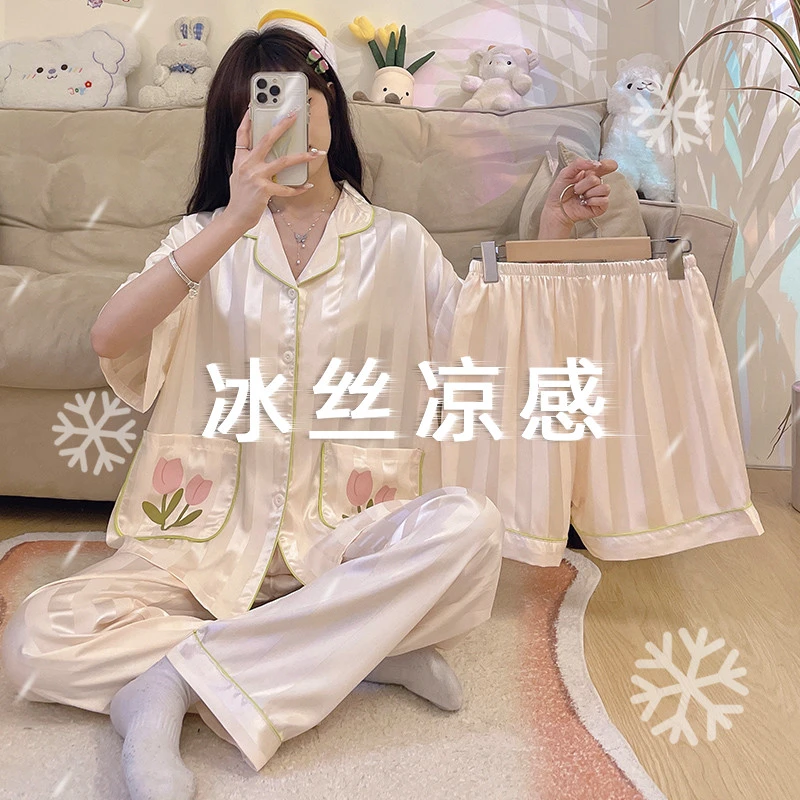 睡衣女夏季短袖2024年新款可外穿高颜值高级感冰丝三件套家居服