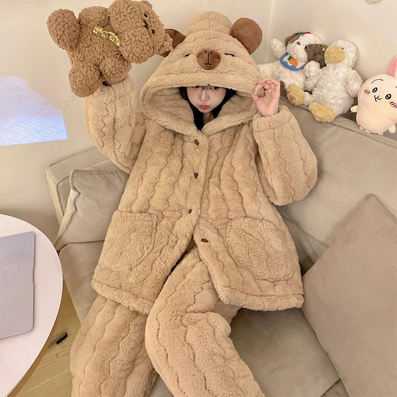 睡衣女冬加厚加绒法兰绒珊瑚绒三层夹棉2024新款家居服大码两件套