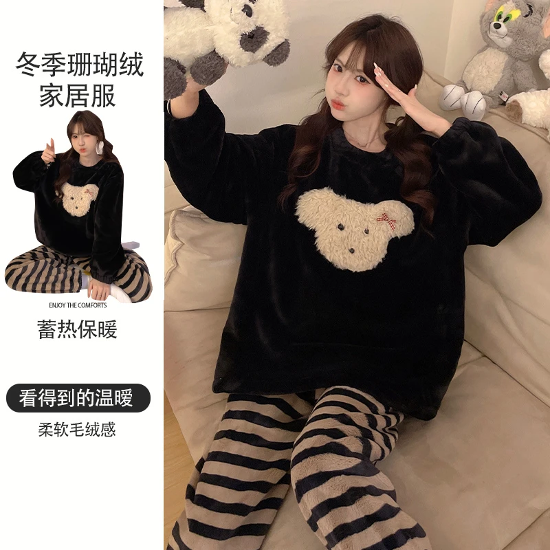 秋冬睡衣女家居服2024年新款珊瑚绒法兰绒加绒加厚可外穿保暖套装